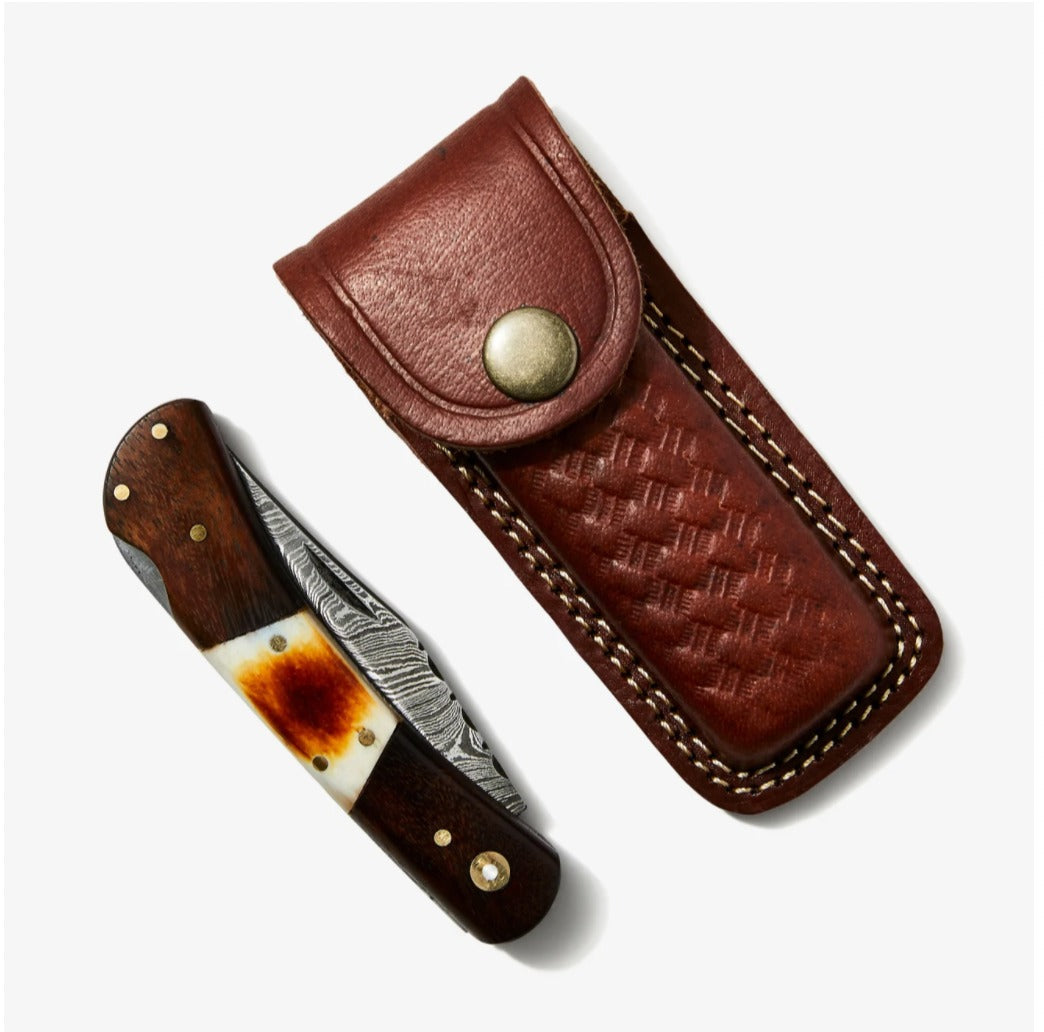 Walnut & Torched Bone Damascus Pocket Knife - TK-415