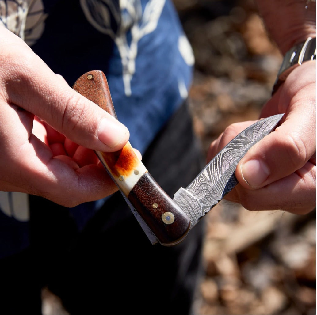 Walnut & Torched Bone Damascus Pocket Knife - TK-415